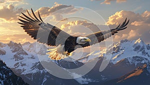 Majestic Bald Eagle Soaring Over Snowy Mountains at Sunset