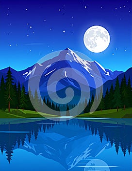 Vector landscape with mountains and lake, alps, night and full moon