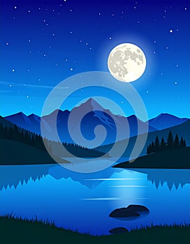 Vector landscape with mountains and lake, alps, night and full moon