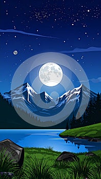 Vector landscape with mountains and lake, alps, night and full moon