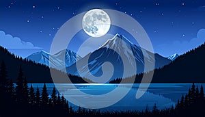 Vector landscape with mountains and lake, alps, night and full moon