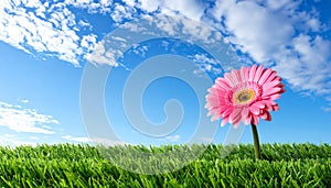 High resolution 3d green grass over a blue sky banner with white clouds as background