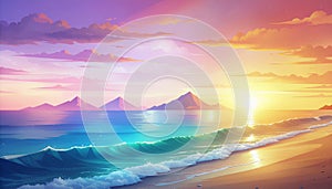 Vibrant Sunset Over Tropical Beach with Turquoise Waves