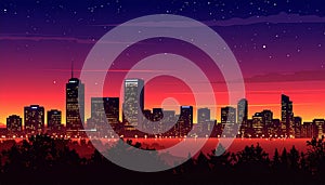 Night City Skyline. Cityscape Background, Beautiful night sky with red sunset over