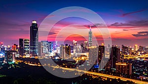 Night City Skyline. Cityscape Background, Beautiful night sky with red sunset over