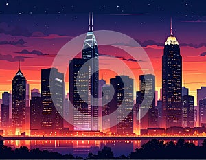 Night City Skyline. Cityscape Background, Beautiful night sky with red sunset over