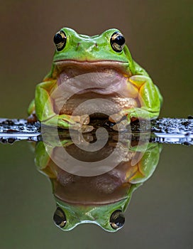 Dumpy frog reflections in water, Tree frog