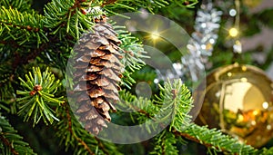 Christmas tree with a pinecone in tinsel