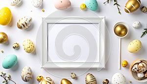 Easter holiday background with photo frame and modern eggs decorations.