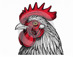 Illustration of rooster head in engraving style. Design element for logo, label, sign