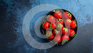 Fresh strawberries on a small black plate against a blue plaster design board.