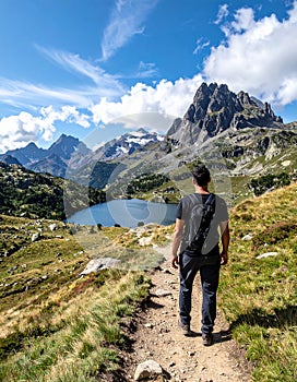 Taking in the view of Midi d'Ossau beyond Lac Gentau beside the GR10 trekking route