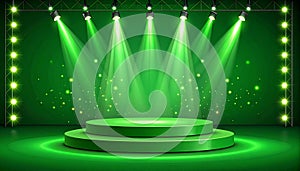 Green light box with platform and side soft spotlights. Bright vector design template