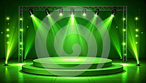 Green light box with platform and side soft spotlights. Bright vector design template