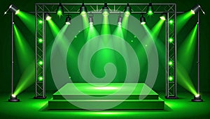 Green light box with platform and side soft spotlights. Bright vector design template
