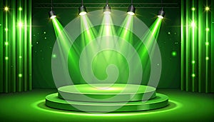 Green light box with platform and side soft spotlights. Bright vector design template