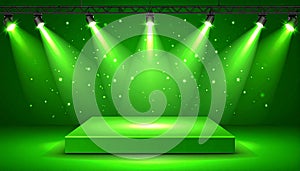 Green light box with platform and side soft spotlights. Bright vector design template
