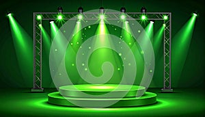 Green light box with platform and side soft spotlights. Bright vector design template