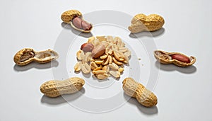Assorted Peanuts and Shells on White Background