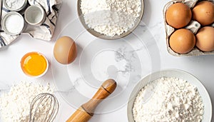 Baking Ingredients Flat Lay Flour, Eggs, Sugar, Whisk, Rolling Pin on White Marble Background