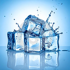 Ice cubes and splashing water on blue gradient background