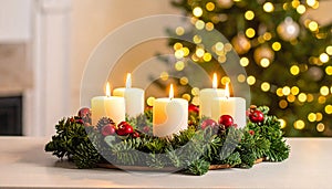 Christmas advent wreath with burning candles. Lights on x-mas tree in background