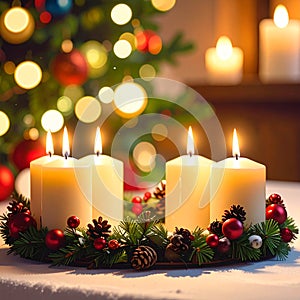 Christmas advent wreath with burning candles. Lights on x-mas tree in background