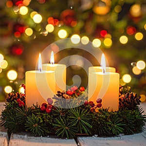 Christmas advent wreath with burning candles. Lights on x-mas tree in background