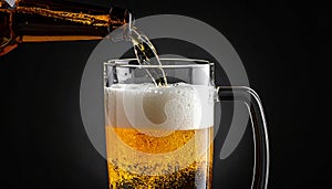 Closeup pour light ale beer in pint glass over black background