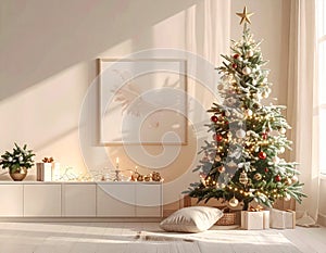 A simple and elegant Christmas tree design with soft decorations and decorative background