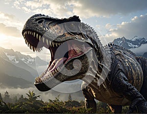 A detailed illustration of a Tyrannosaurus rex in a prehistoric landscape