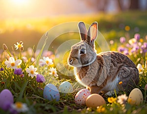 A rabbit sits in a sunlit meadow surrounded by colorful flowers