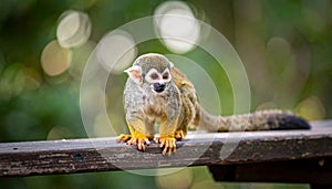Little Squirrel Monkey is having fun on the wood bench