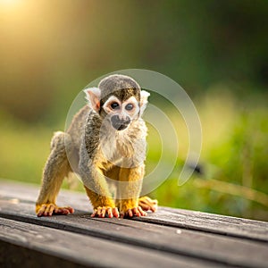 Little Squirrel Monkey is having fun on the wood bench