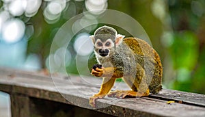 Little Squirrel Monkey is having fun on the wood bench