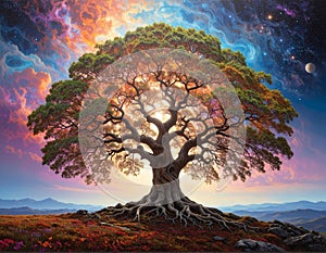 A majestic tree with a thick trunk and sprawling branches