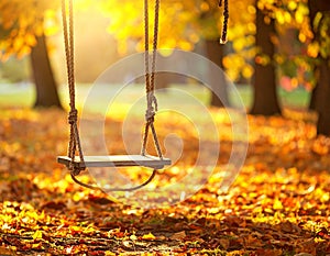 A rope swing hangs from a tree in an autumnal park