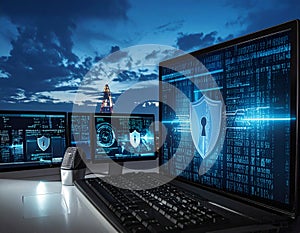 Computer setup with multiple monitors displaying cybersecurity graphics