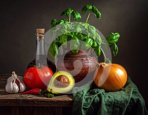 A rustic still life on a wooden table features fresh vegetables and herbs