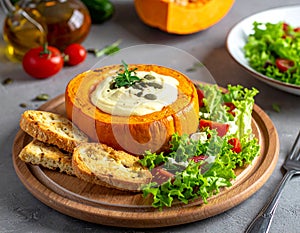 Pumpkin dish with a salad and biscuits