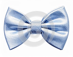 A light blue satin bow tie is centered against a white background