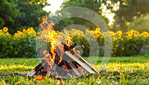 Beautiful bonfire with pile of burning firewood outdoors