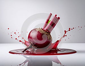 Fresh red beetroot falling into juice with splash on white background.