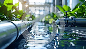 Industrial Water Pipe Flowing Into a Trough in a Modern Plant Environment.