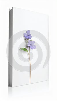 A white book stands upright against a white backgroundk