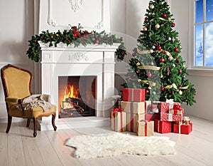 Cozy living room with a white fireplace, adorned with green garland and red berries