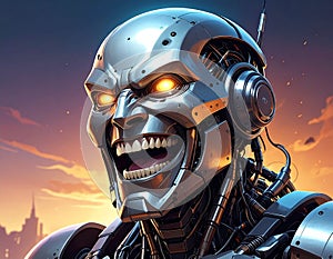 Fantasy cartoon artistic image of terminator like giant robot metal head laughing