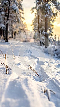 Snow-covered landscape with a path leading through a forest 4k