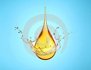 Drop of Omega-3 and water splash on light blue background