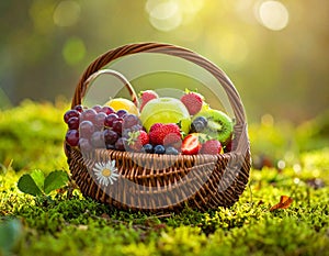 Generated imageA wicker basket filled with a variety of fruits 4k